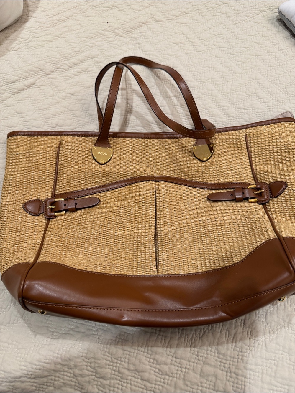 Lauren Ralph Lauren Tan Woven Straw Tote with Brown Leather Trim - Picture 4 of 17